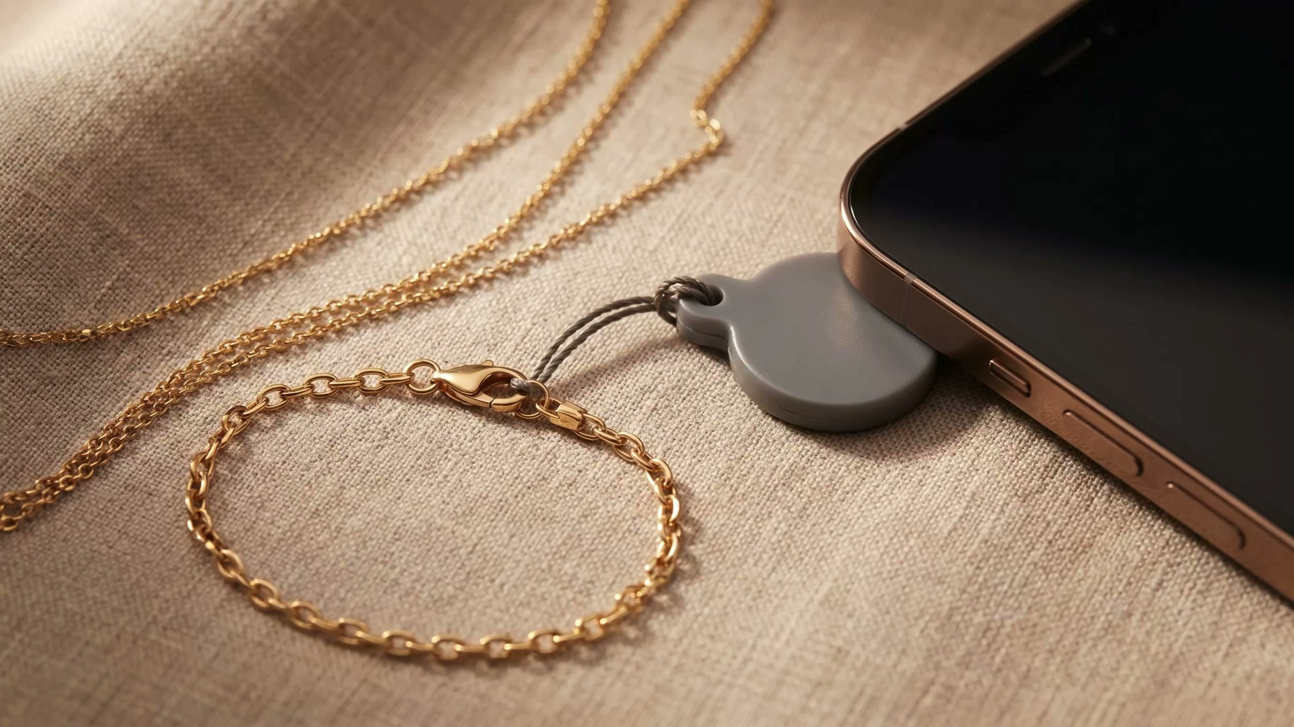Disque NFC d'authentification attaché à un collier en or, scanné par un téléphone